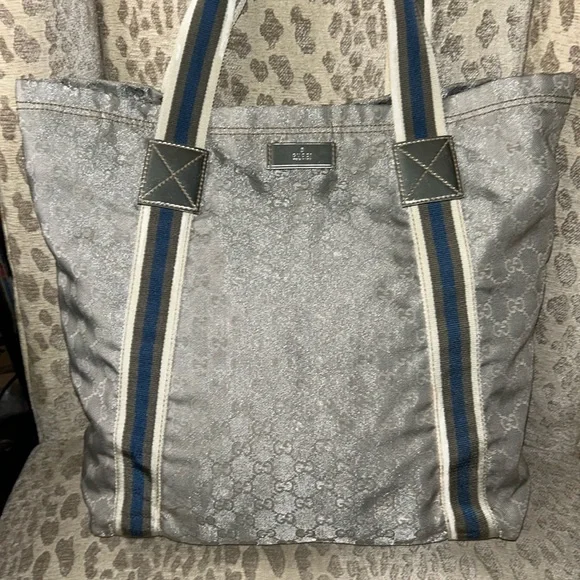 Gucci GG Silver Nylon open tote bag with green,blue,cream nylon stripes - Picture 1 of 17